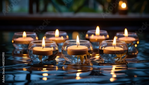 Floating Flames: A Serene Scene of Illuminated Candles Reflecting on Calm Water