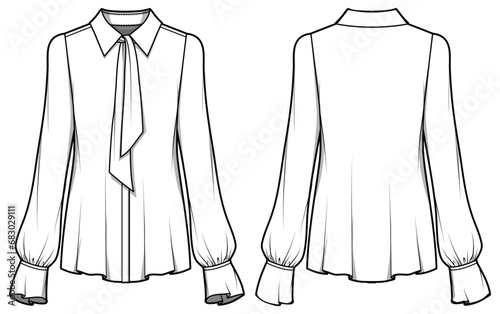 Women bishop sleeve bow blouse design flat sketch fashion illustration with front and back view. Casual wear blouse drawing vector template