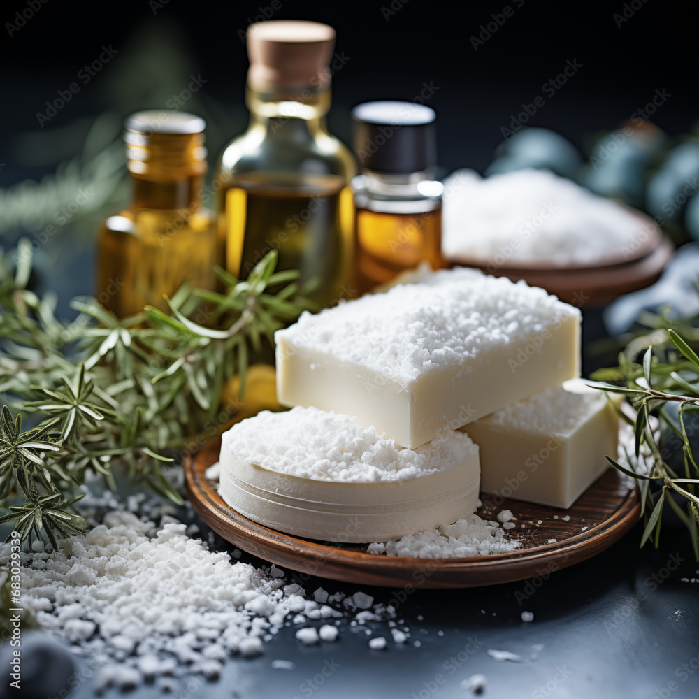 Stack of spicy soap and candles on dark Christmas background. Spa composition with AI generative Stack of spicy soap and candles on dark Christmas background. Spa composition with AI generative