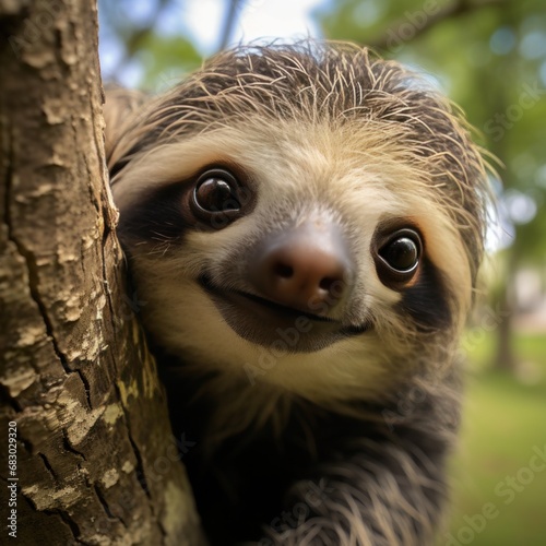 A sloth hanging upside down from a tree branch, its face peering out from beh...
