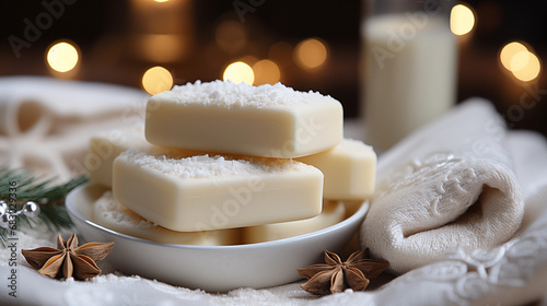 Stack of spicy soap and candles on dark background. Spa composition with AI generative photo