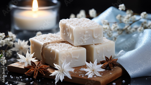 Stack of spicy soap and candles on dark background. Spa composition with AI generative photo