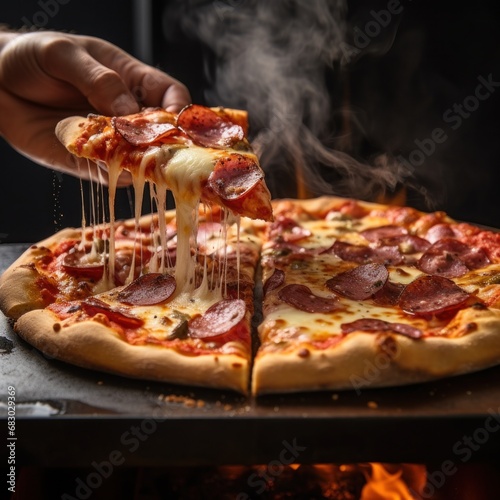 person taking a slice of pizza from a steaming hot pie,
