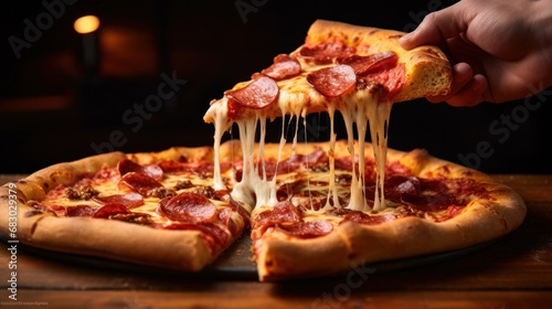 person taking a slice of pizza from a steaming hot pie,