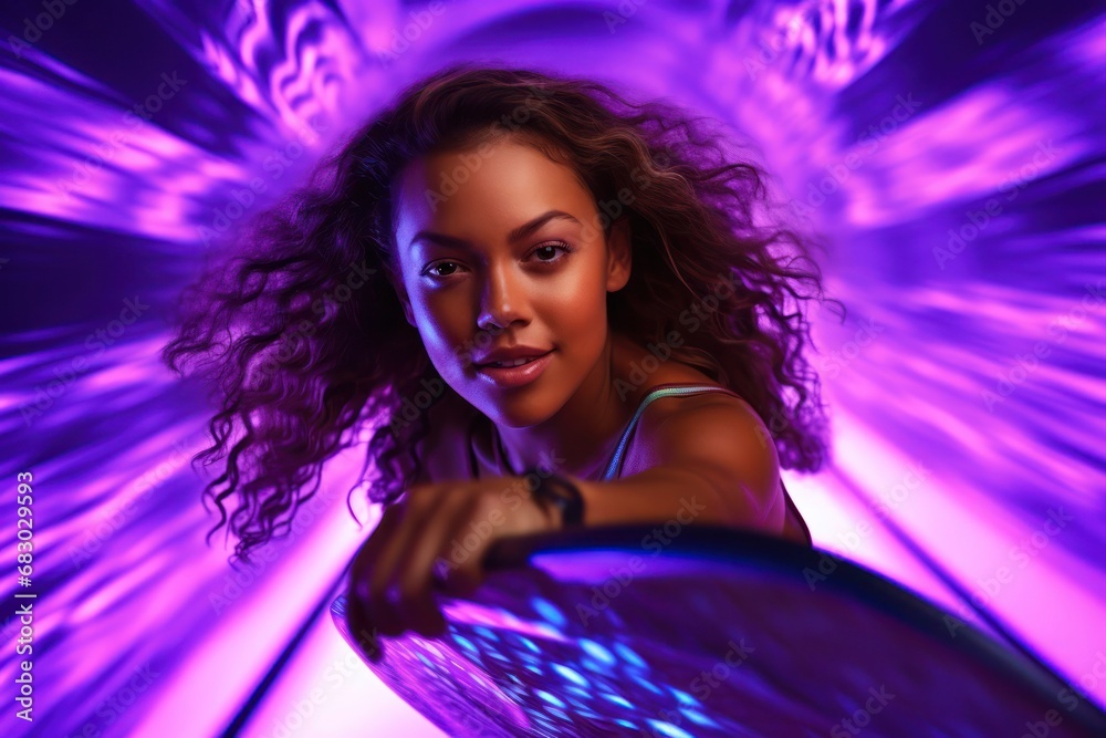 Naklejka premium Black Female Purple Glowing Musical Performance Generative AI