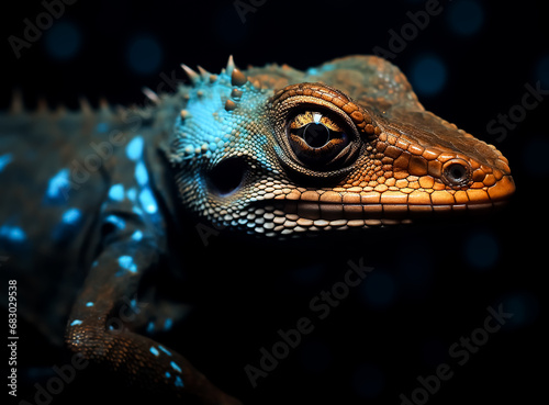 close up Portrait of a green iguana, perfect skin details, Dark background, nature 