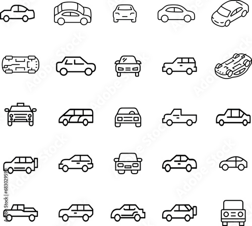 Linear car icons set. Universal car icon to use in web and mobile UI, car basic UI elements set