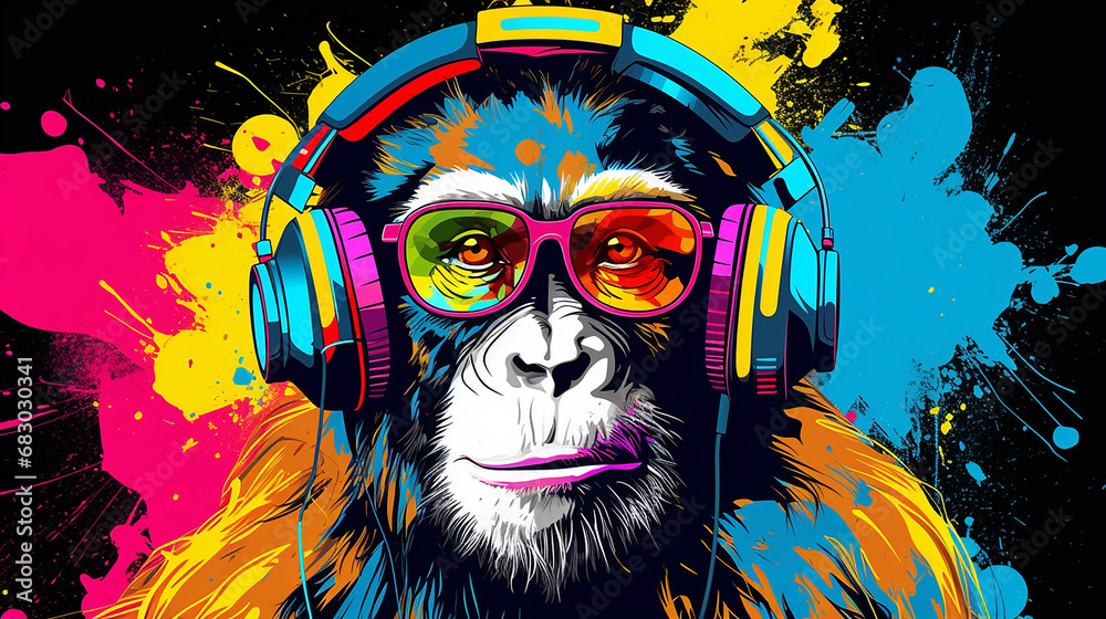 macaco colorido com fones de ouvido  - obrazy, fototapety, plakaty 