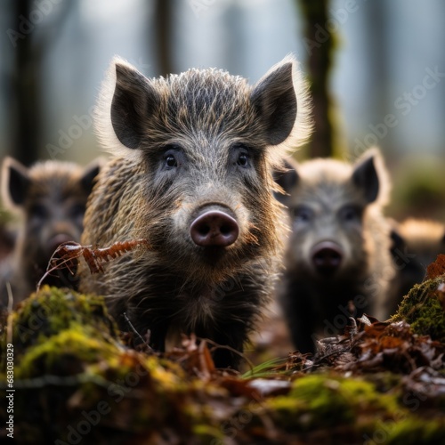 A family of wild boars foraging through the forest floor, their distinctive snouts and bristly fur on full display © olegganko