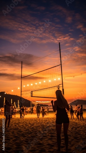 A group of people playing beach volleyball under the lights, with the sound o...