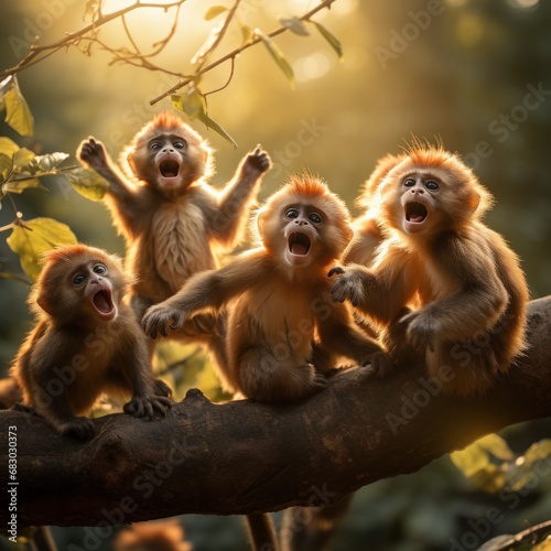 monkeys swinging from tree to tree, their furry bodies and long tails creatin...