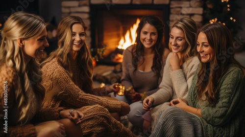 A group of women knitting together in a cozy living room with a fireplace in the background
