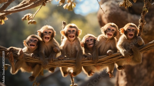 monkeys swinging from tree to tree, their furry bodies and long tails creatin...