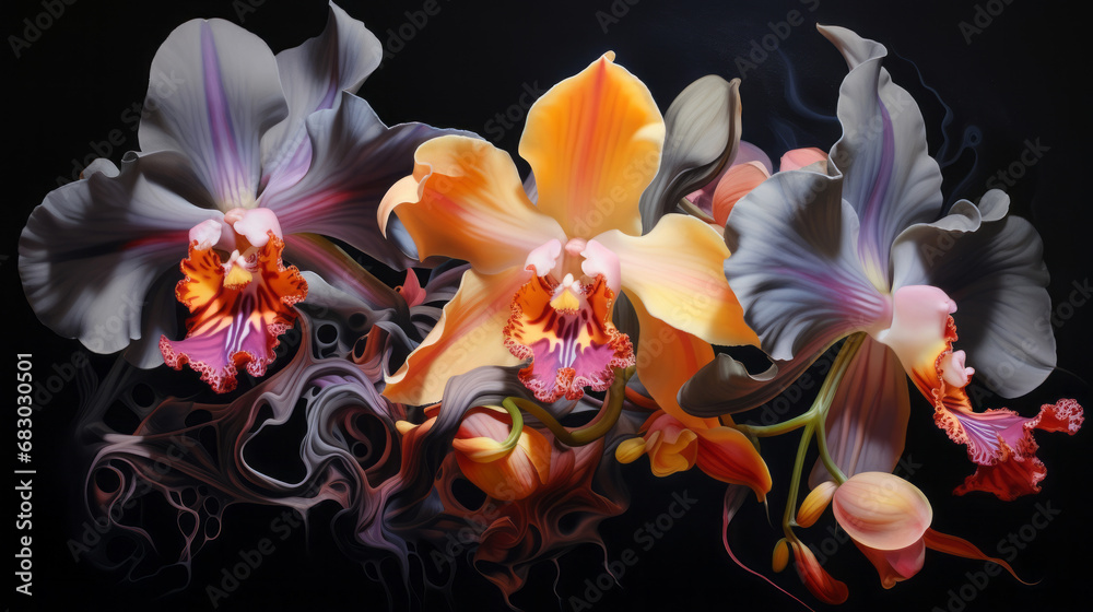 Graceful Orchid art. Vivid fire orchid elegant fantasy. Mystical flowers. Luxury Unique floral pattern