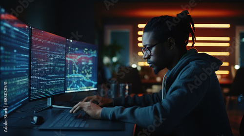 A smart male programmer works at a desktop computer in the systems control room of a data center.