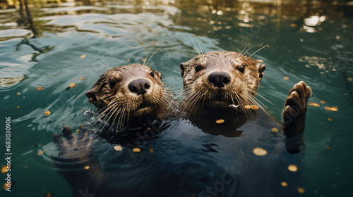two otter lying in water holding hands, waving
