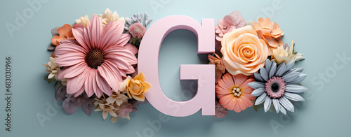 capital letter G Spring card with floral decoration, flowers, spring background, logo