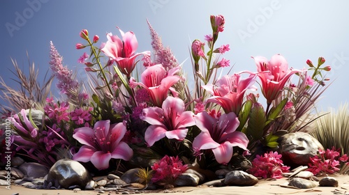 Flower bouquet of pink materialist on the sand