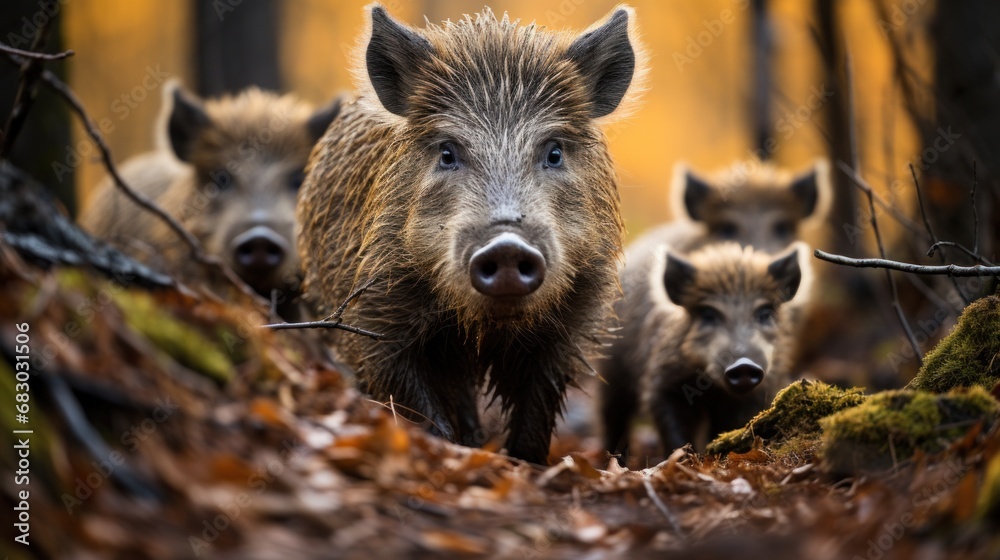 A family of wild boars foraging through the forest floor, their distinctive snouts and bristly fur on full display A family of wild boars foraging through the forest floor, their distinctive snouts and bristly fur on full display