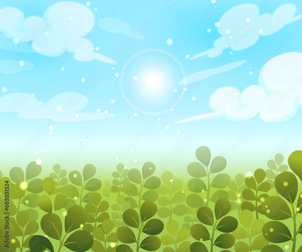 Field of plant. Vector green plant and blue sky with sunlight background. Field of plant. Vector green plant and blue sky with sunlight background.