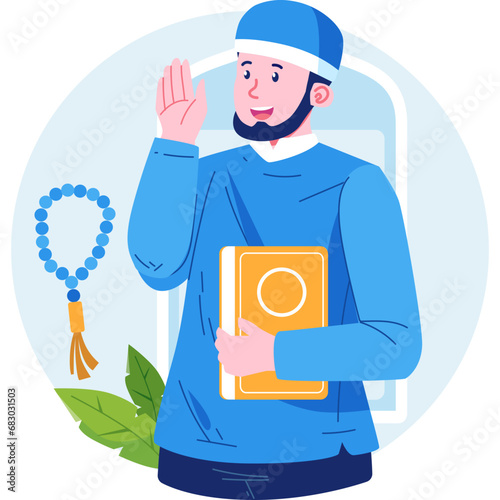 A dignified Muslim man vector character, exuding strength and grace in traditional Islamic attire, reflecting the values of faith, resilience, and cultural richness