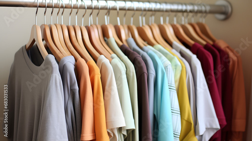 Assorted Colorful T-Shirts on Hangers in a Closet