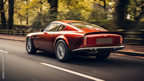 Classic Red Sports Car Speeding on Forest Road