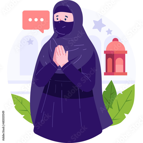 An elegant Muslim woman vector character, adorned in modest Islamic attire, embodying grace, strength, and cultural richness with a commitment to faith and modesty. photo