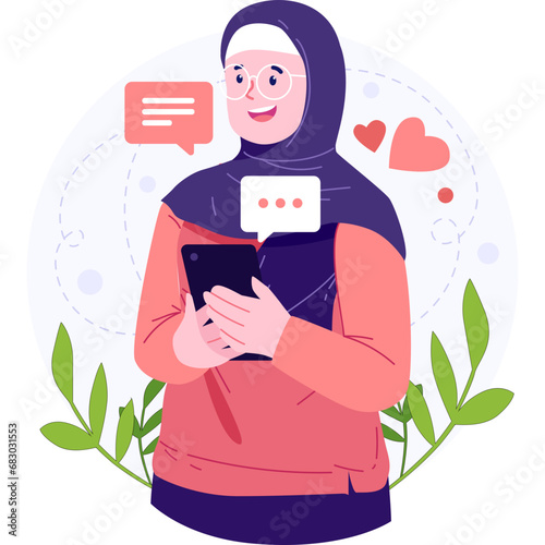 An elegant Muslim woman vector character, adorned in modest Islamic attire, embodying grace, strength, and cultural richness with a commitment to faith and modesty.
