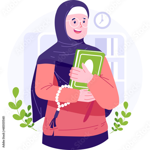 An elegant Muslim woman vector character, adorned in modest Islamic attire, embodying grace, strength, and cultural richness with a commitment to faith and modesty.