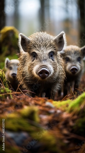 A family of wild boars foraging through the forest floor, their distinctive snouts and bristly fur on full display