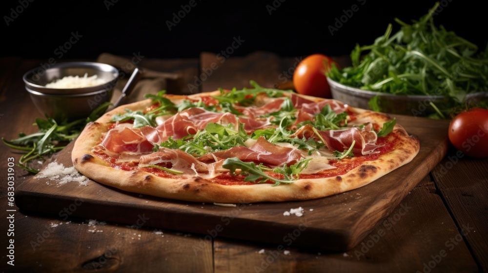 A gourmet pizza with unique toppings such as prosciutto, arugula, and shaved parmesan cheese