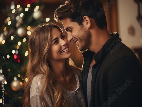 Happy face Young Couple Spending Time Decorating Christmas Tree Indoor