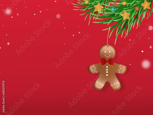 Vector Christmas gingerbread red background with Christmas tree branch. Xmas design with winter Cookie, Christmas tree, snowflakes and snow. Copyspace for text. Template for cards, banner, poster.