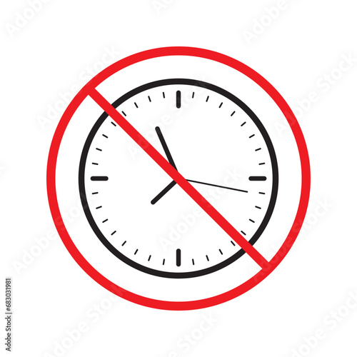 Forbidden clock vector icon. Warning, caution, attention, restriction, label, ban, danger. No alarm clock flat sign design pictogram symbol. No clock icon