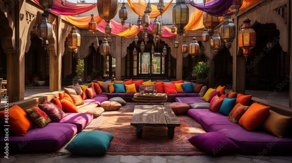 A Moroccan-inspired lounge area with colorful cushions, intricate lanterns, and a low seating arrangement.