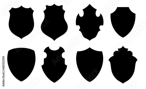 Shield icon, heraldic shields, security black labels logo. Knight award, medieval royal vintage badges design frame isolated vector. Protect silhouette element set shapes . Modern Minimalist Shield  photo
