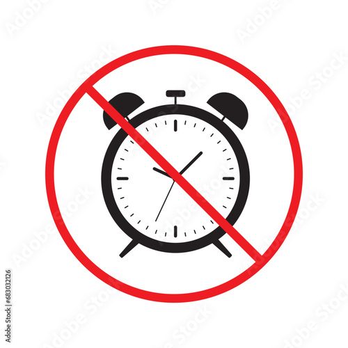 Forbidden clock vector icon. Warning, caution, attention, restriction, label, ban, danger. No alarm clock flat sign design pictogram symbol. No clock icon