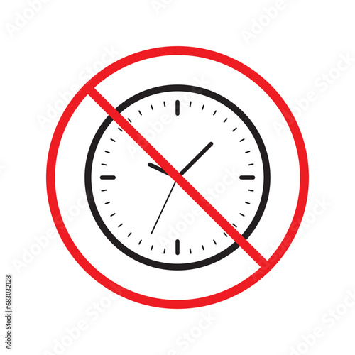 Forbidden clock vector icon. Warning, caution, attention, restriction, label, ban, danger. No alarm clock flat sign design pictogram symbol. No clock icon