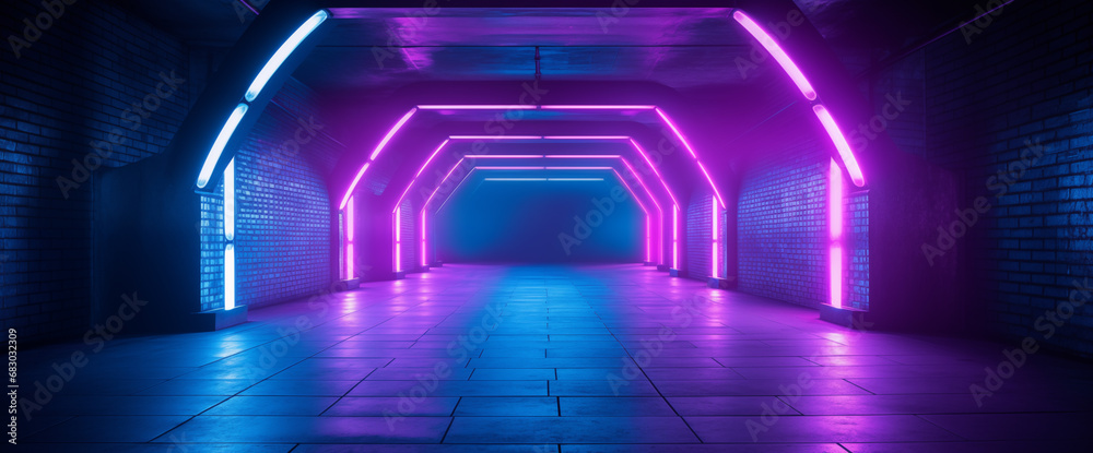 Photorealistic 3d illustration in the style of cyberpunk. Tunnel road with bright neon lights. Beautiful night cityscape. Grunge urban landscape.