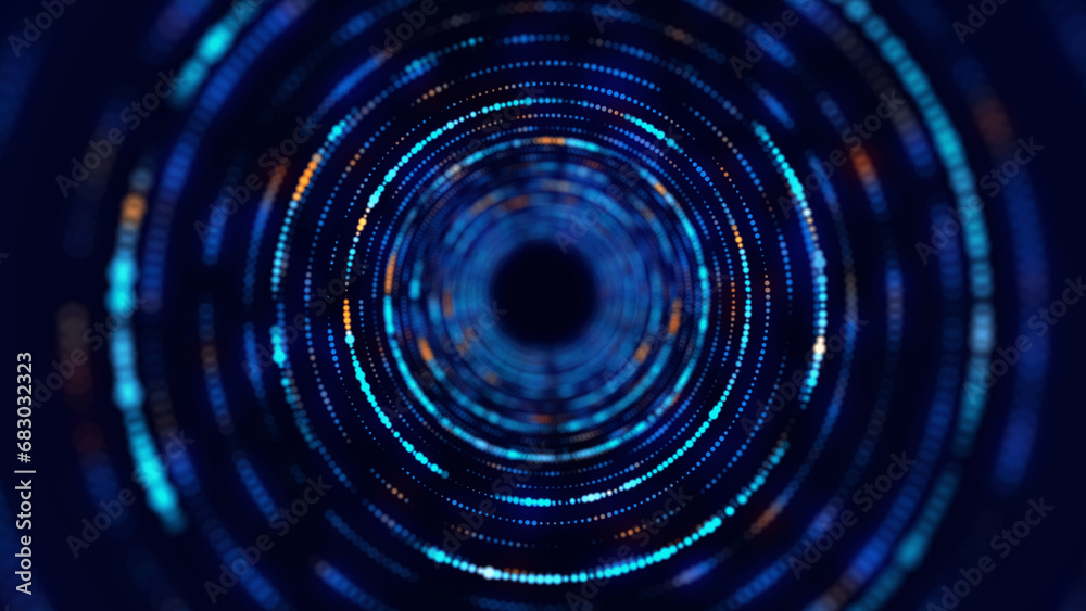 Obraz premium Technology wireframe circle tunnel on dark background. Futuristic 3D wormhole grid. Digital dynamic wave. 3d rendering.