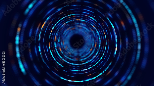 Technology wireframe circle tunnel on dark background. Futuristic 3D wormhole grid. Digital dynamic wave. 3d rendering. photo