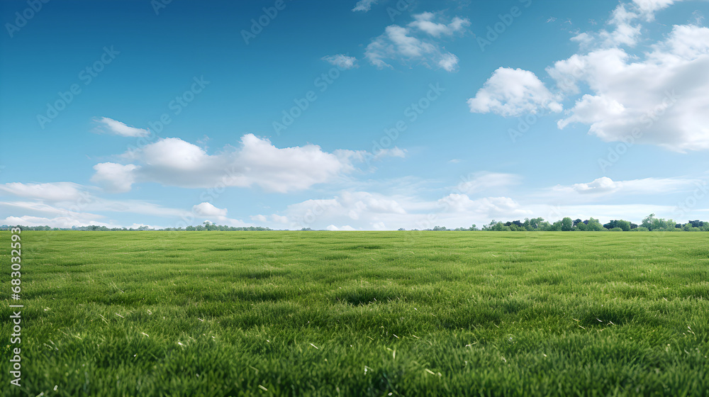 Big Field Of Green Grass With Cloudy Blue Sky - Generative Ai