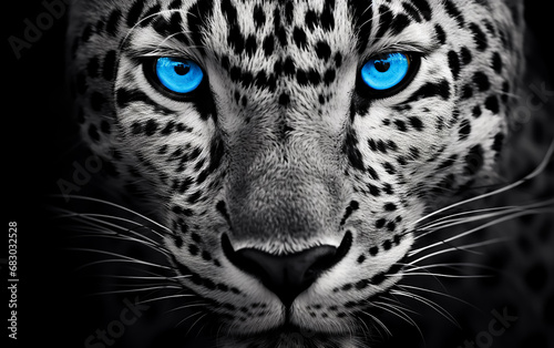 Black and white Wild jaguar in Blue eyes ready to attack  Black background