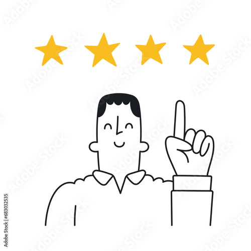 Happy guy pointing at full star rating. Good customer feedback, positive review, favorable evaluation. Outline, linear, thin line, doodle art. Simple style with editable stroke.