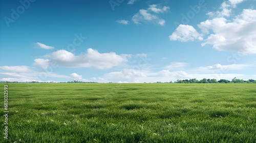 Big Field Of Green Grass With Cloudy Blue Sky - Generative Ai photo