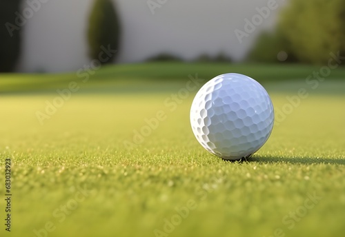 Golf ball on green grass with blur background. The image was created using generative AI.