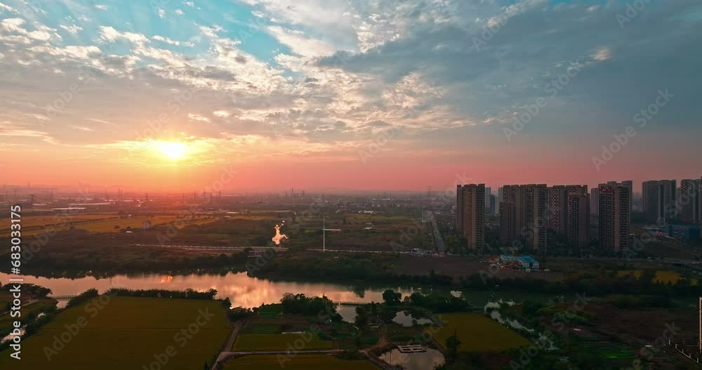 Aerial video of Zhejiang city skyline and sky cloudscape at sunset Aerial video of Zhejiang city skyline and sky cloudscape at sunset