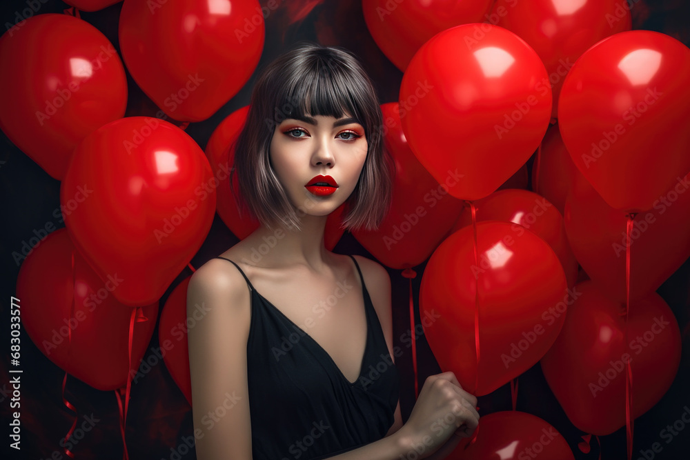 photo of girl with red love heart balloons photo of girl with red love heart balloons