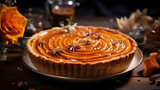 A classic sweet potato pie with a modern twist, showcasing decorative swirls and a sprinkle of star anise for a festive flair.
